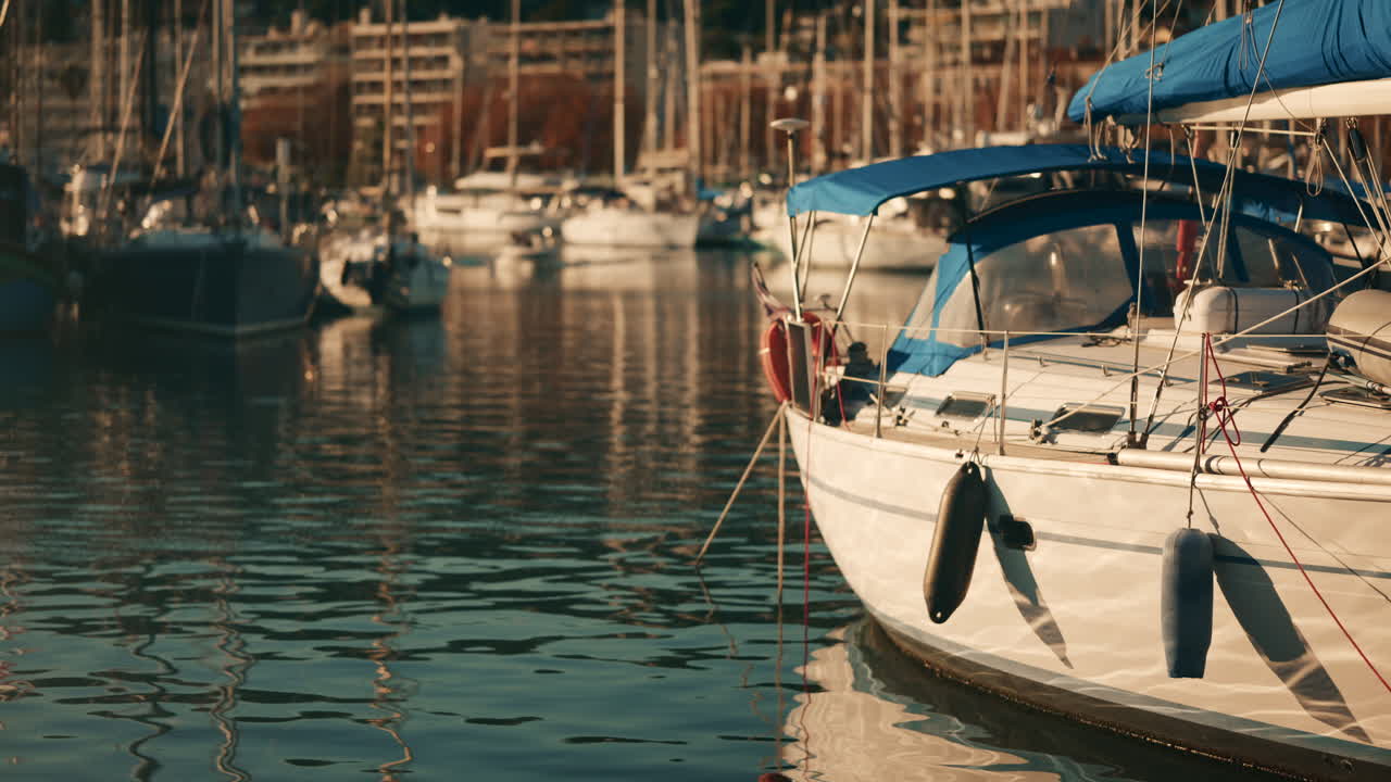 Voilier amarré dans une marina avec un auvent bleu et des reflets d’eau calme