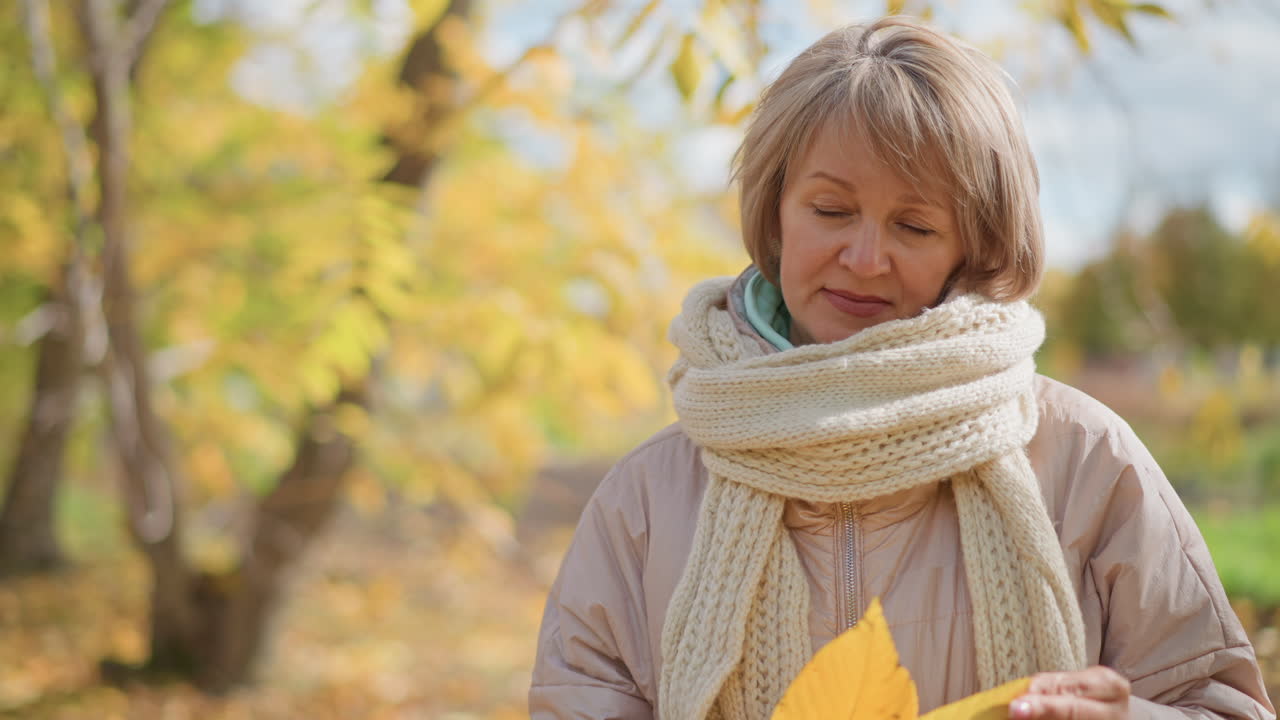 woman dressed in warm jacket and knitted scarf gently holding yellow autumn leaf while admiring its details in serene natural setting surrounded by soft sunlight and golden seasonal foliage