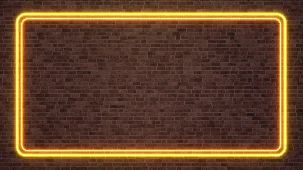 Animated yellow neon rectangle pulses and flickers against a textured dark brown brick wall.