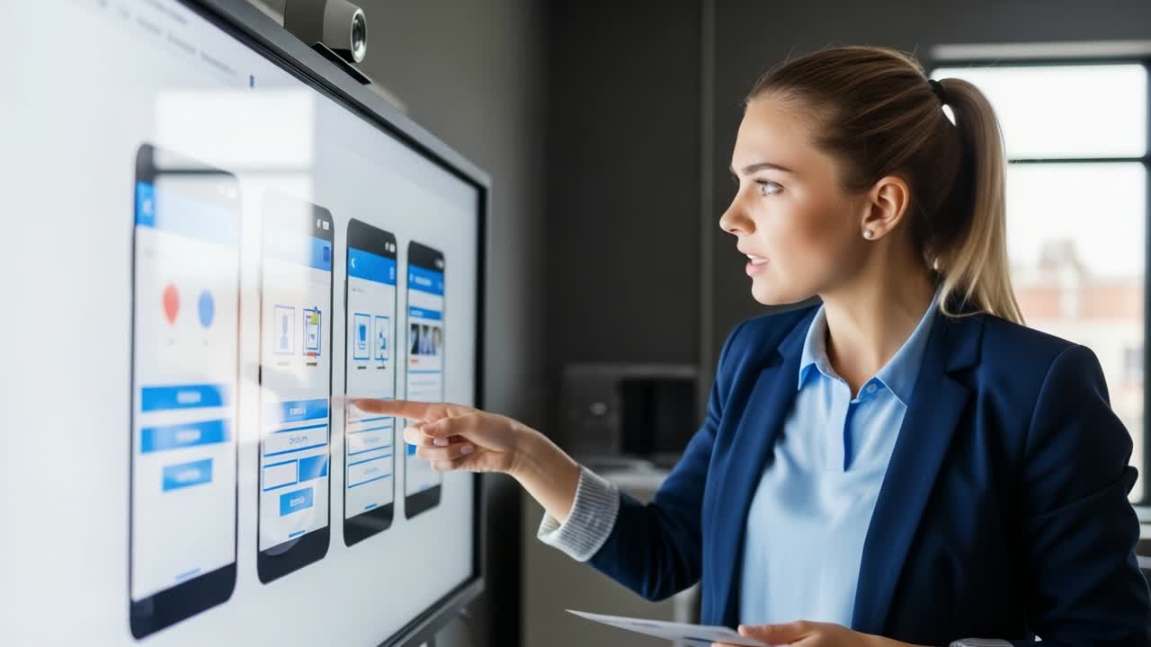 Professional Young Woman Engaged in a Presentation, Analyzing Mobile App Designs on a Screen, Demonstrating Features and Functionality in a Corporate Environment, Showcasing Her Expertise