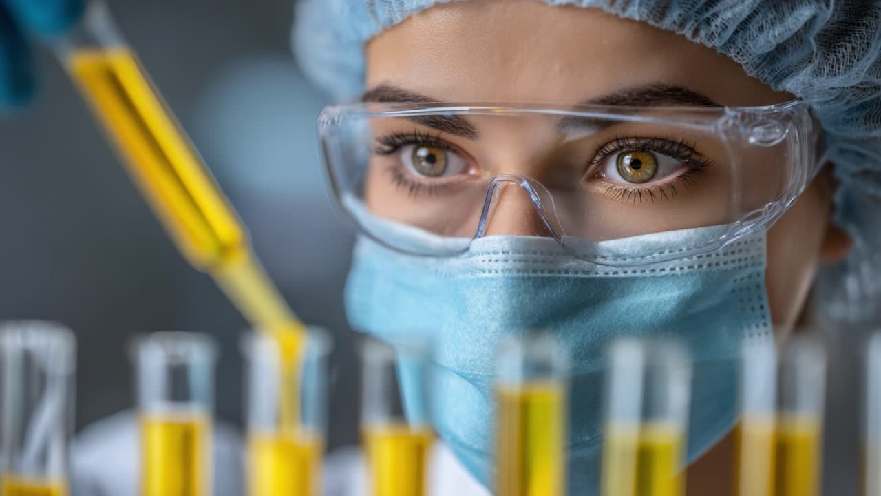 Focused Laboratory Research: A Scientist Analyzing Liquid Samples with Precision and Care in a Modern Laboratory Setting