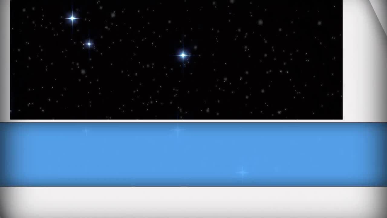Animation of blue and white panels opening over twinkling white stars on black background