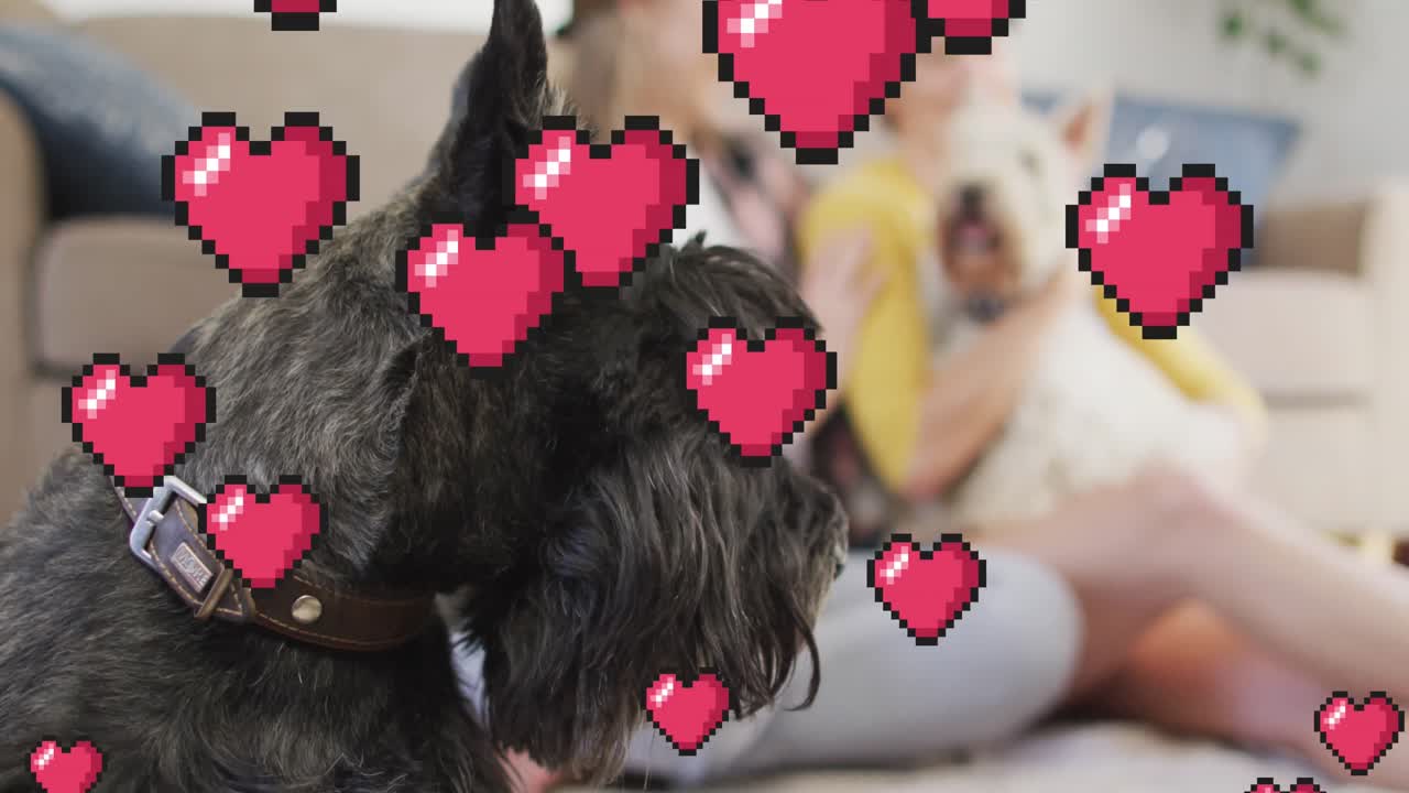 애완견과 함께 여성 커플 위에 빨간 심장 아이콘의 애니메이션