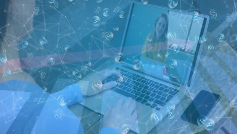 animation of network of connections with bitcoin icons over woman on laptop video call
