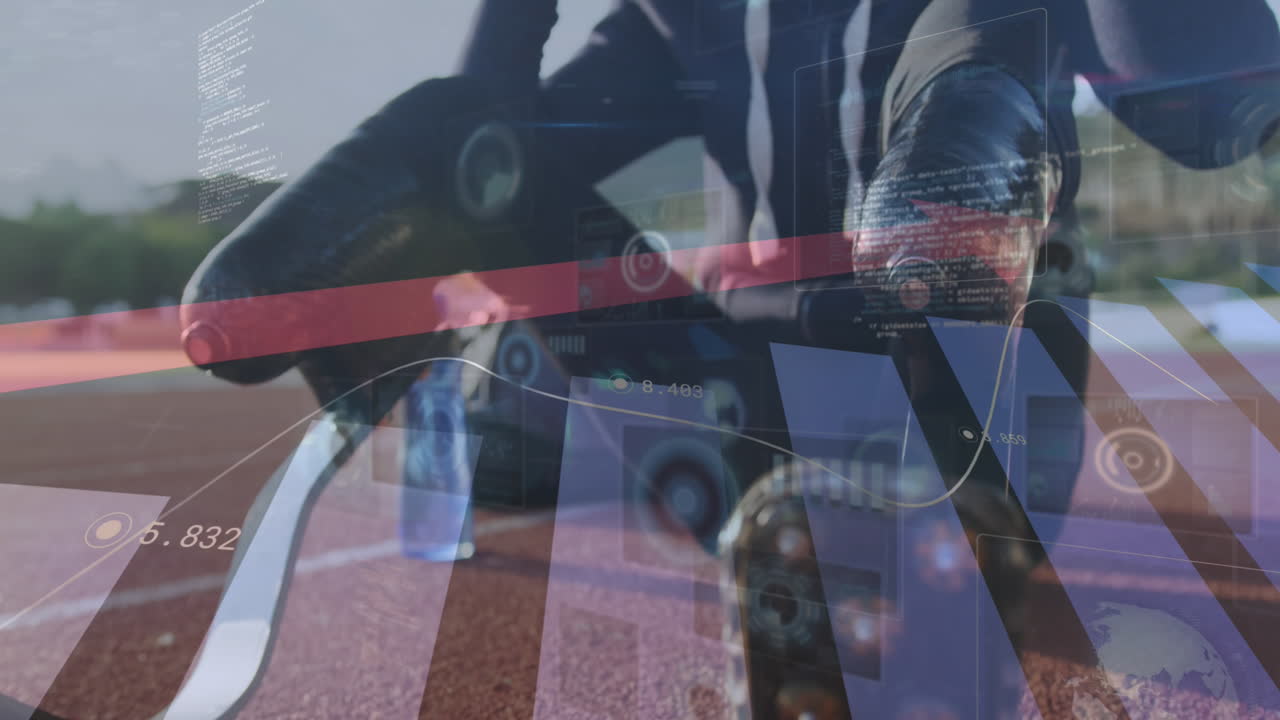 경주 트랙에서 달리기 블레이드를 가진 장애인 남성 운동 선수 위에 화살표를 가진 통계의 애니메이션