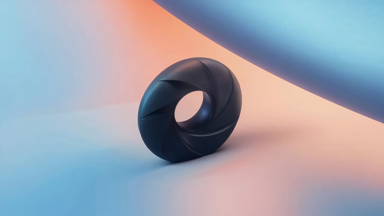 Rolling dark matte torus rotating from tilted rest to upright at studio, with blue orange lighting