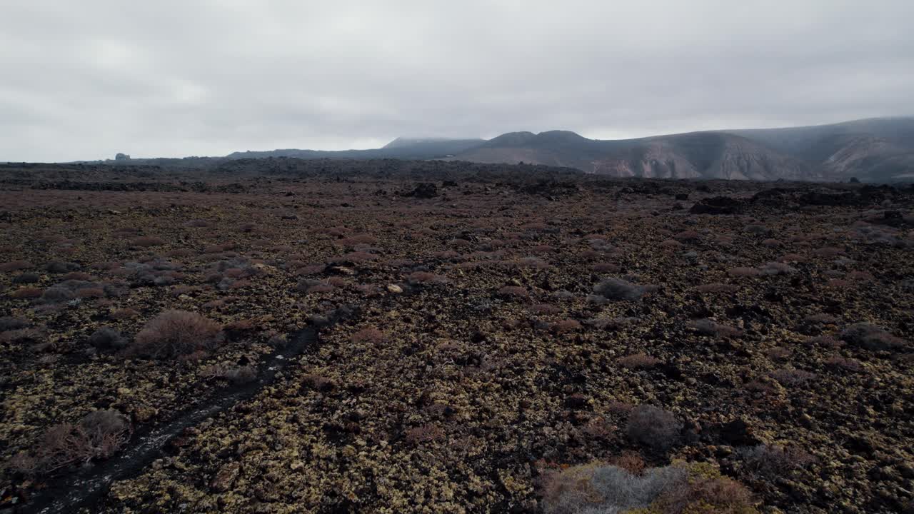 Veduta aerea di campi vulcanici nebbiosi a Lanzarote