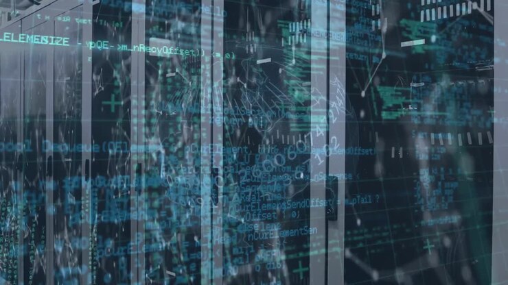 Animation of network of connections and data processing over server room