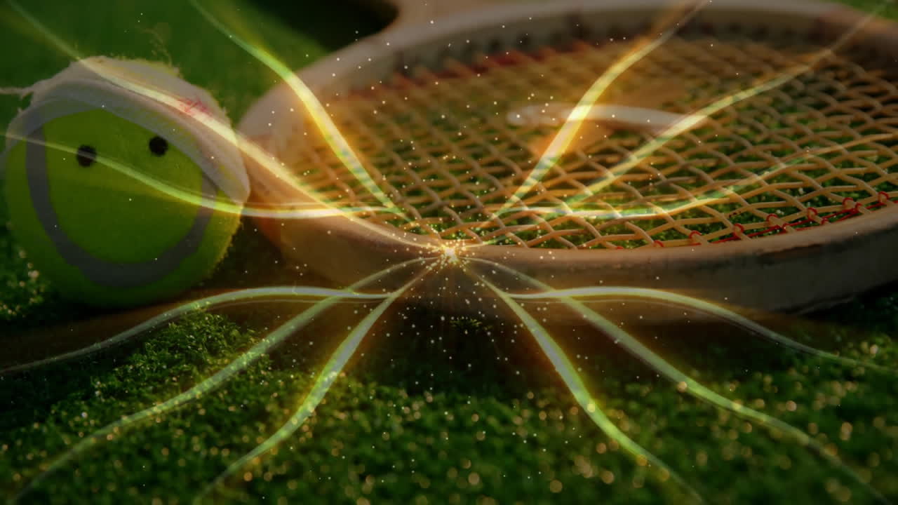 Smiling tennis ball wearing visor resting on grass court, racket radiating golden sparkling trails