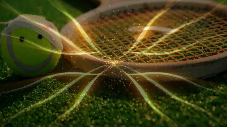 Smiling tennis ball wearing visor resting on grass court, racket radiating golden sparkling trails