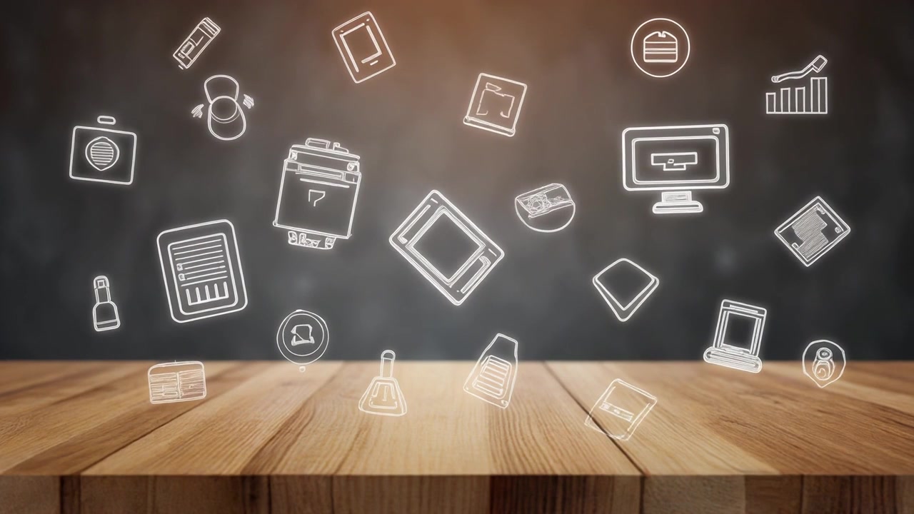 Floating Digital Technology Icons Above a Wooden Table