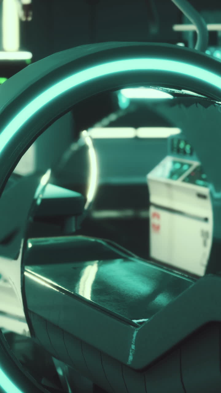 Scanner medico futuristico in una stanza d'ospedale sterile, blu e verde