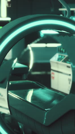 futuristic medical scanner in a sterile, blue and green hospital room