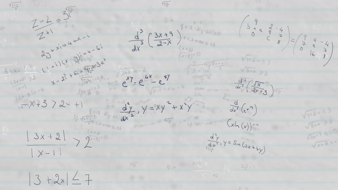 Animation of mathematical equations and formulas floating against white lined paper background