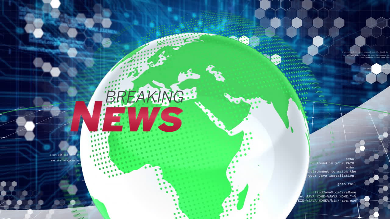Animation of breaking news text over digital globe with hexagonal pattern background
