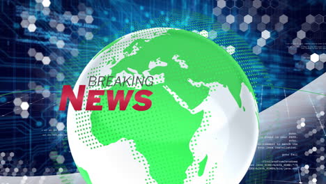 animation of breaking news text over digital globe with hexagonal pattern background