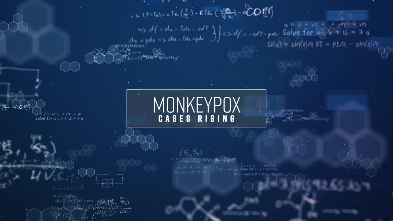 Animation of monkeypox text and data processing over blue background
