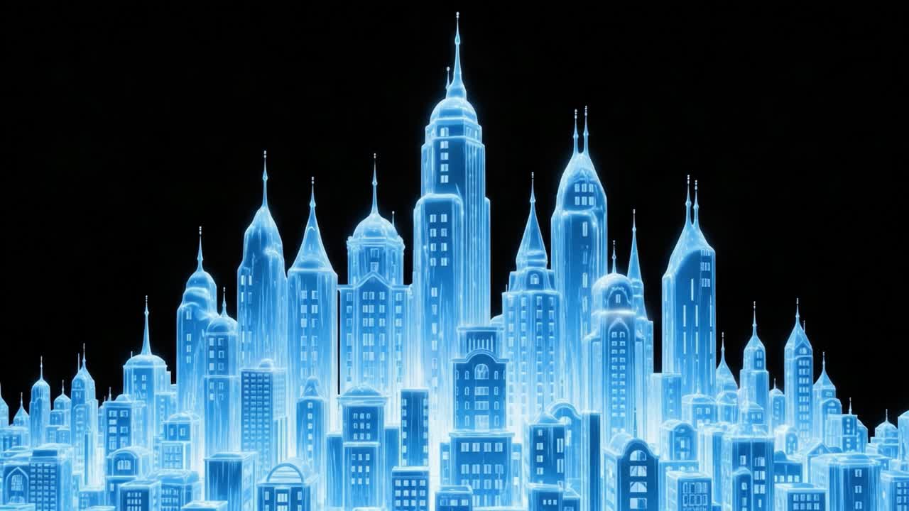 A Stunning Display of Ethereal Urban Architecture: A Dreamy Cityscape Glowing in Electric Blue Against a Dark Background, Illustrating a Futuristic Vision of Urban Life
