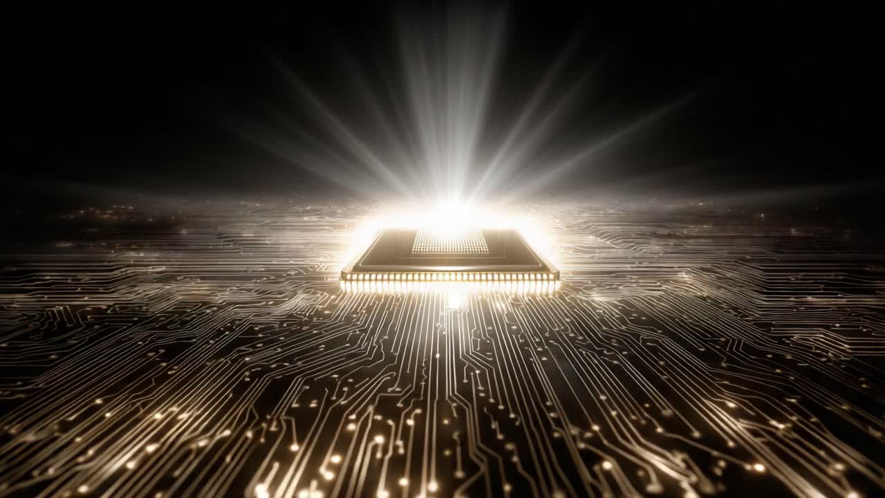 Una straordinaria rappresentazione visiva di un microchip con luce irradiante su un circuito stampato complesso, a simboleggiare il progresso tecnologico e l'innovazione