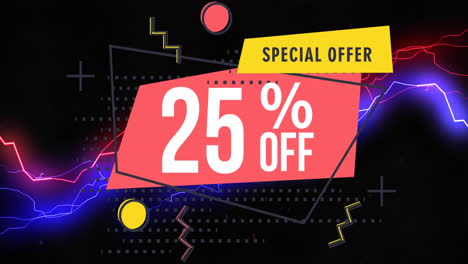 animación de una oferta especial 25 por ciento de descuento texto en el fondo de senderos de luz eléctrica