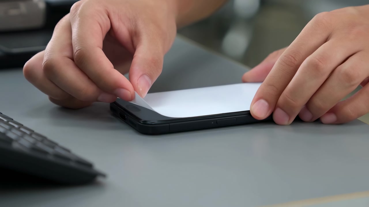A person carefully peels off a protective film from a smartphone screen protector on a desk with a keyboard in the background, captured in a neutral, focused top-down view of the desk's top.