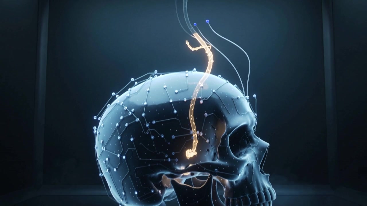 Reacting to inner glow, clear skull model extending golden tract upward in dark chamber, nodal map