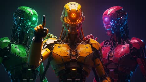 a stunning showcase of futuristic robots in dynamic colors: a close-up on three distinct models displaying unique features and impressive designs