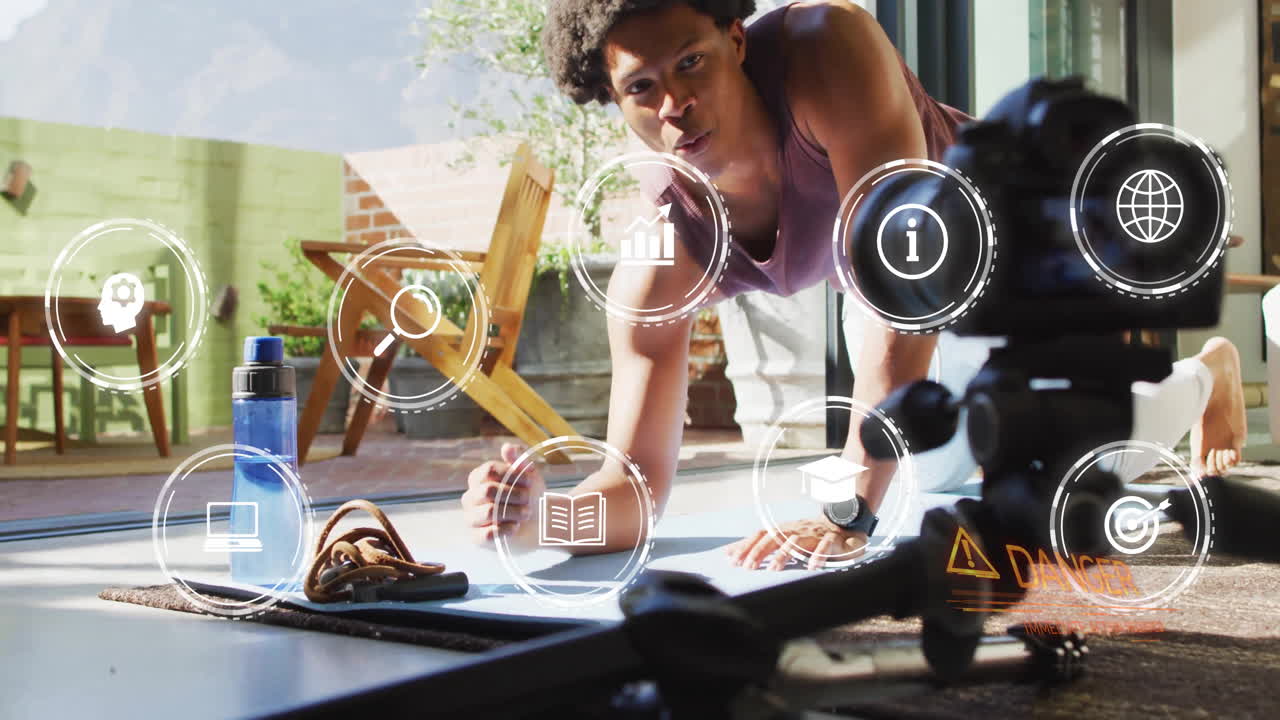 Exercising at home, person using animation with digital fitness icons