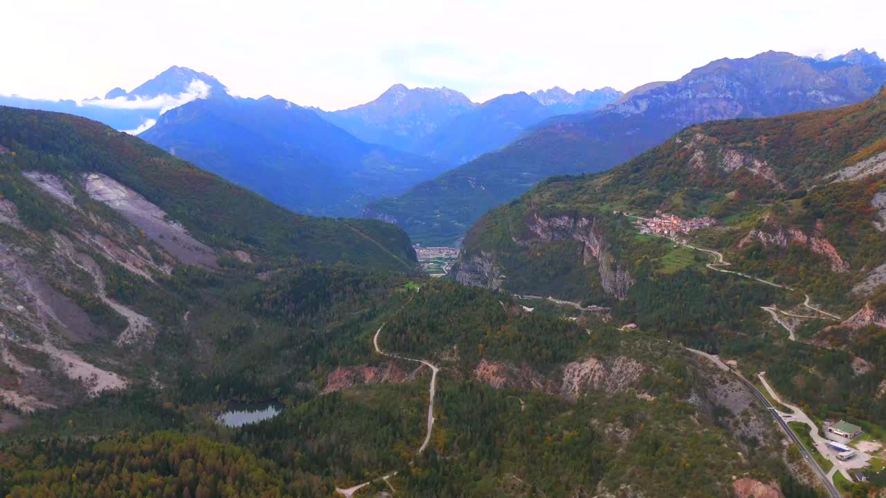 Aerial View of a Mountain Valley in Autumn