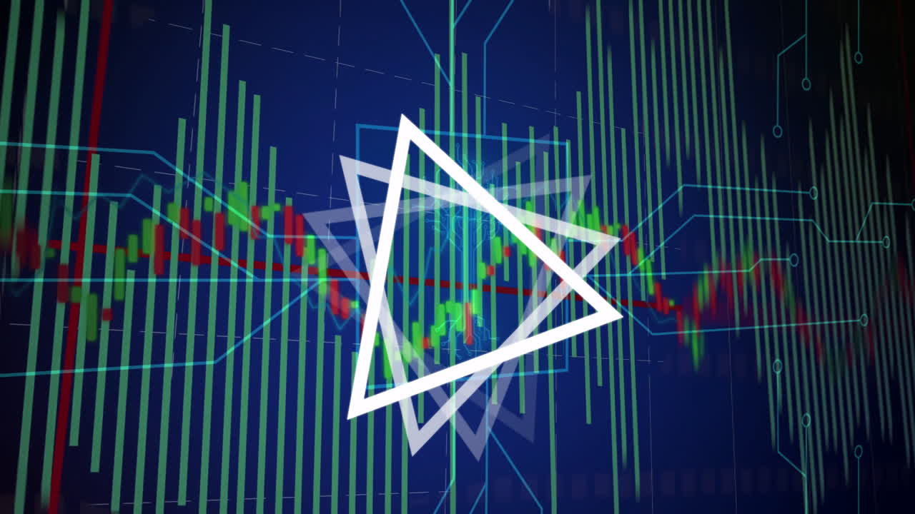 Animation of geometric shapes overlaying stock market graph with green and red bars