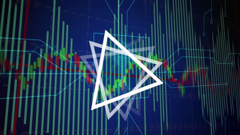 animation of geometric shapes overlaying stock market graph with green and red bars