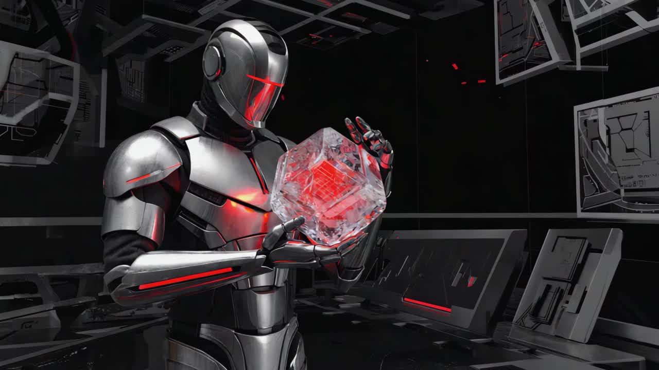 A futuristic robot holding a glowing cube