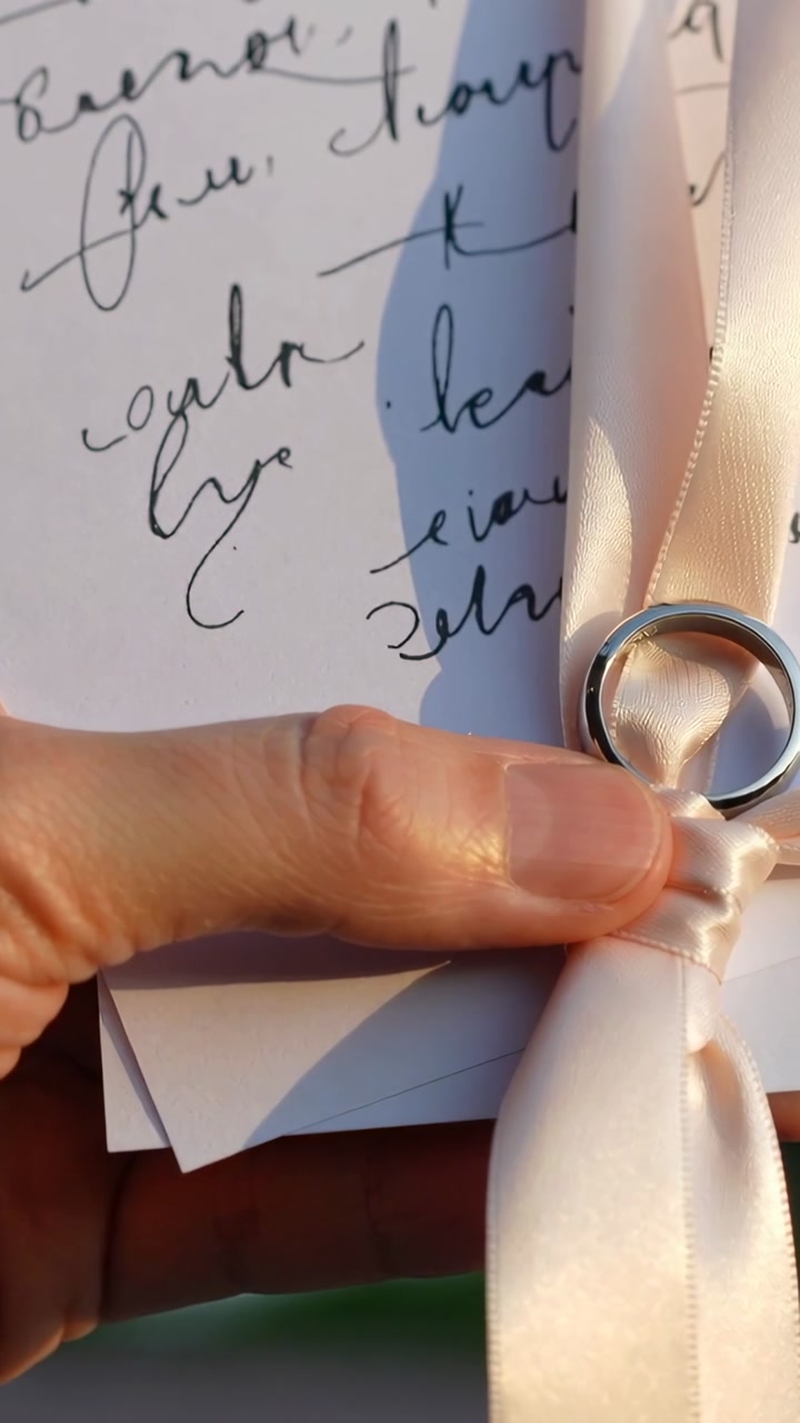Vertical video: Pressing thumb, hand adjusting pink ribbon knot outside, securing cards and ring