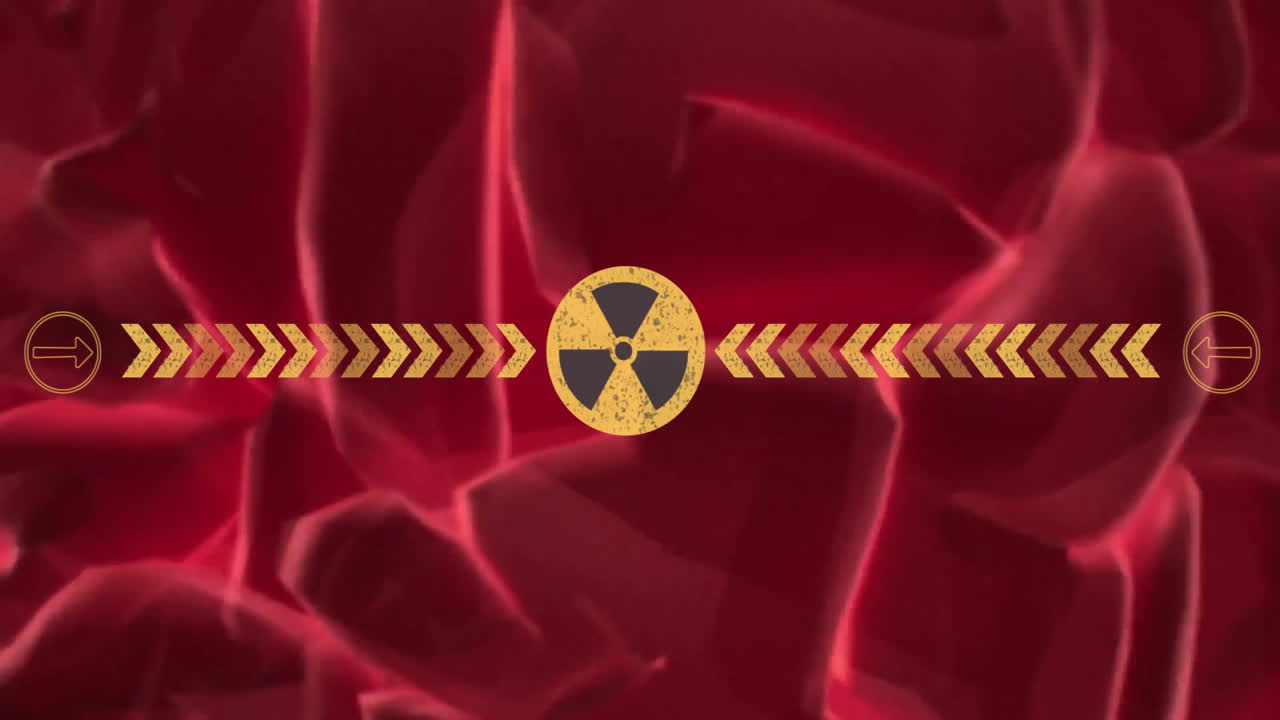 animación de la señal de advertencia y procesamiento digital de datos sobre fondo rojo