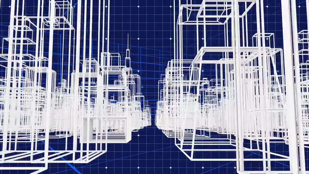 Digital Wireframe Cityscape Moving Through Virtual Urban Environment