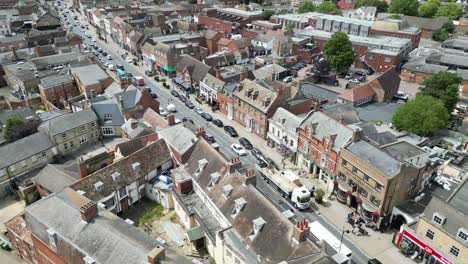 High-street-Newmarket-town-Suffolk-UK-Aerial-drone,-aerial-view