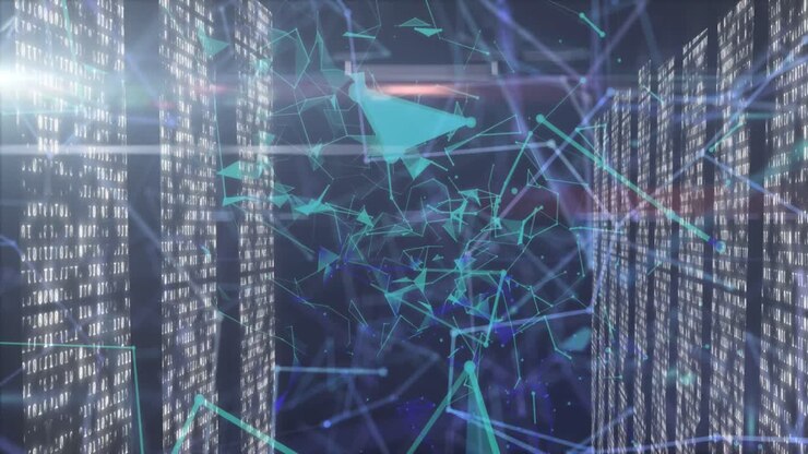 Animation of network of connections over moving columns on black background