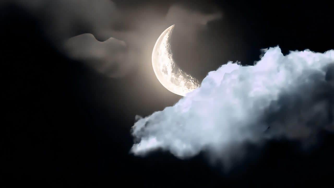 Crescent moon amidst cloudy sky animated overlay, transparent 4K video, alpha channel, ProRes 4444
