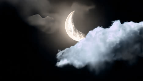 Crescent moon amidst cloudy sky animated overlay, transparent 4K video, alpha channel, ProRes 4444