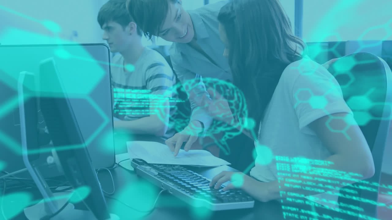 Animation of data processing over group of students using computers