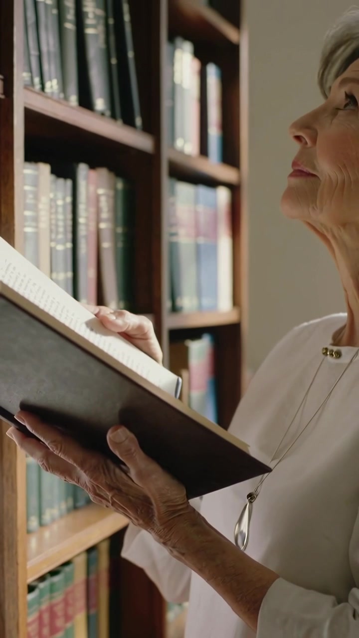 Video verticale: Donna anziana con un libro in mano, in pausa, che esamina la libreria cercando un titolo nello studio, con spazio per il testo
