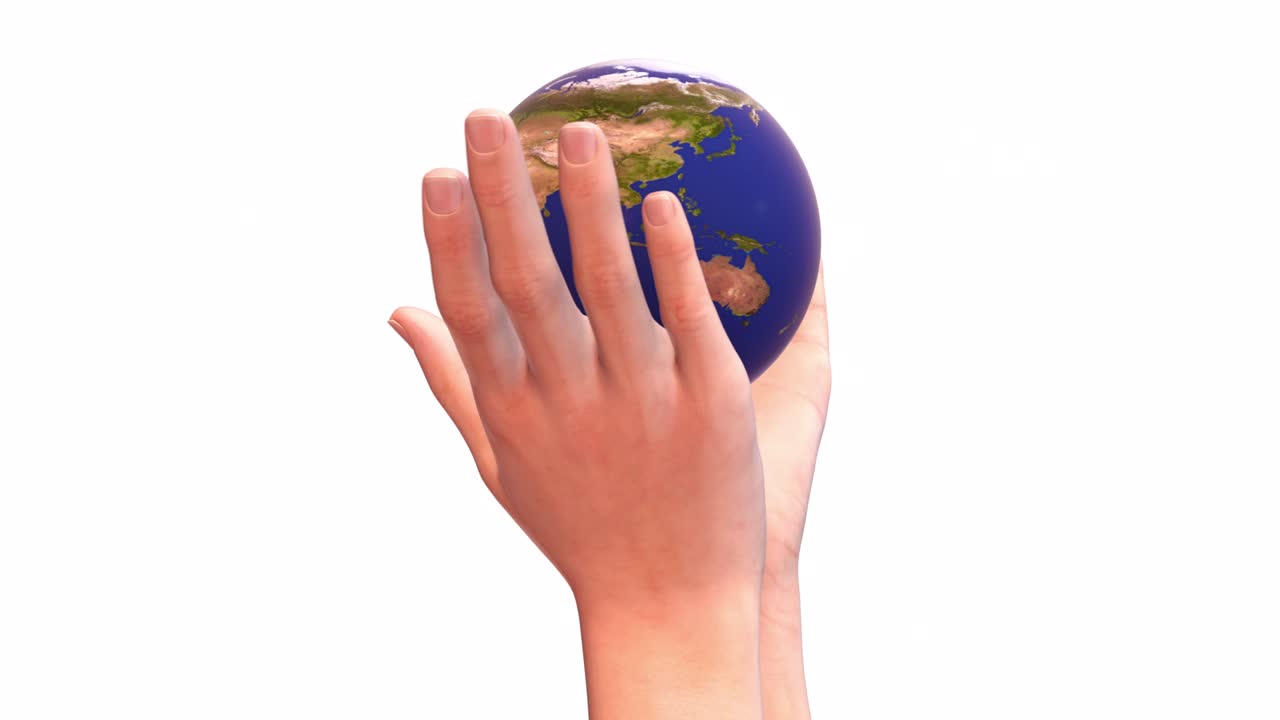 dos manos humanas sosteniendo el planeta tierra aislado sobre un fondo blanco. concepto de salvar el medio ambiente ecológico. animación digital 3d surrealista.