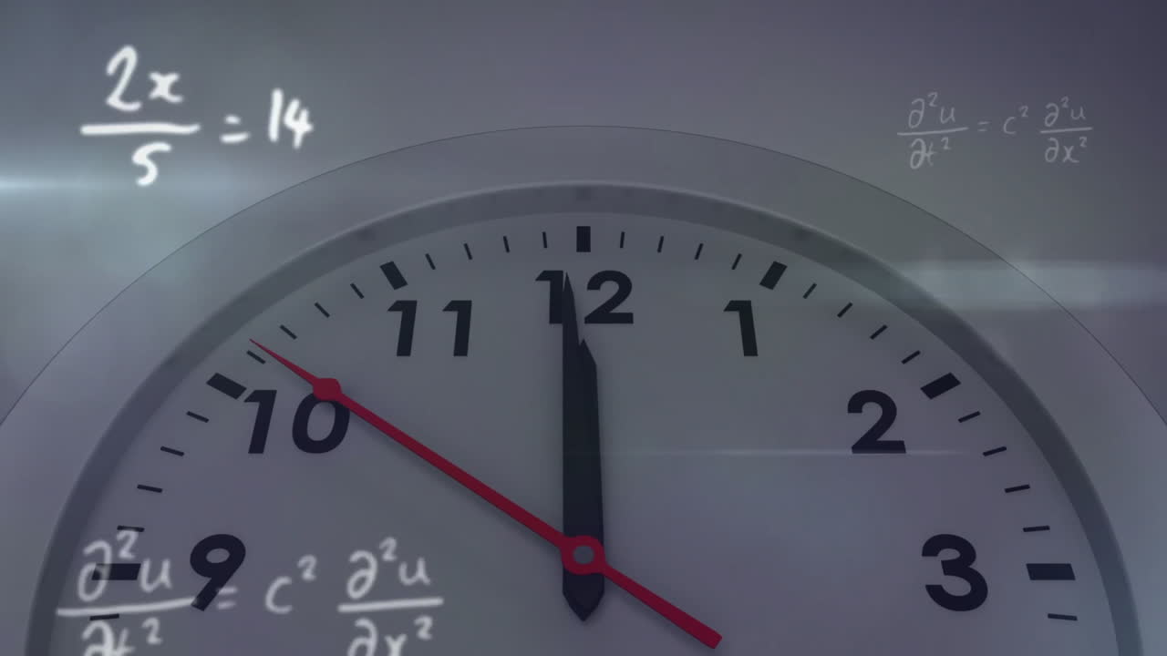Animation of clock showing 10:10 with mathematical equations in school background