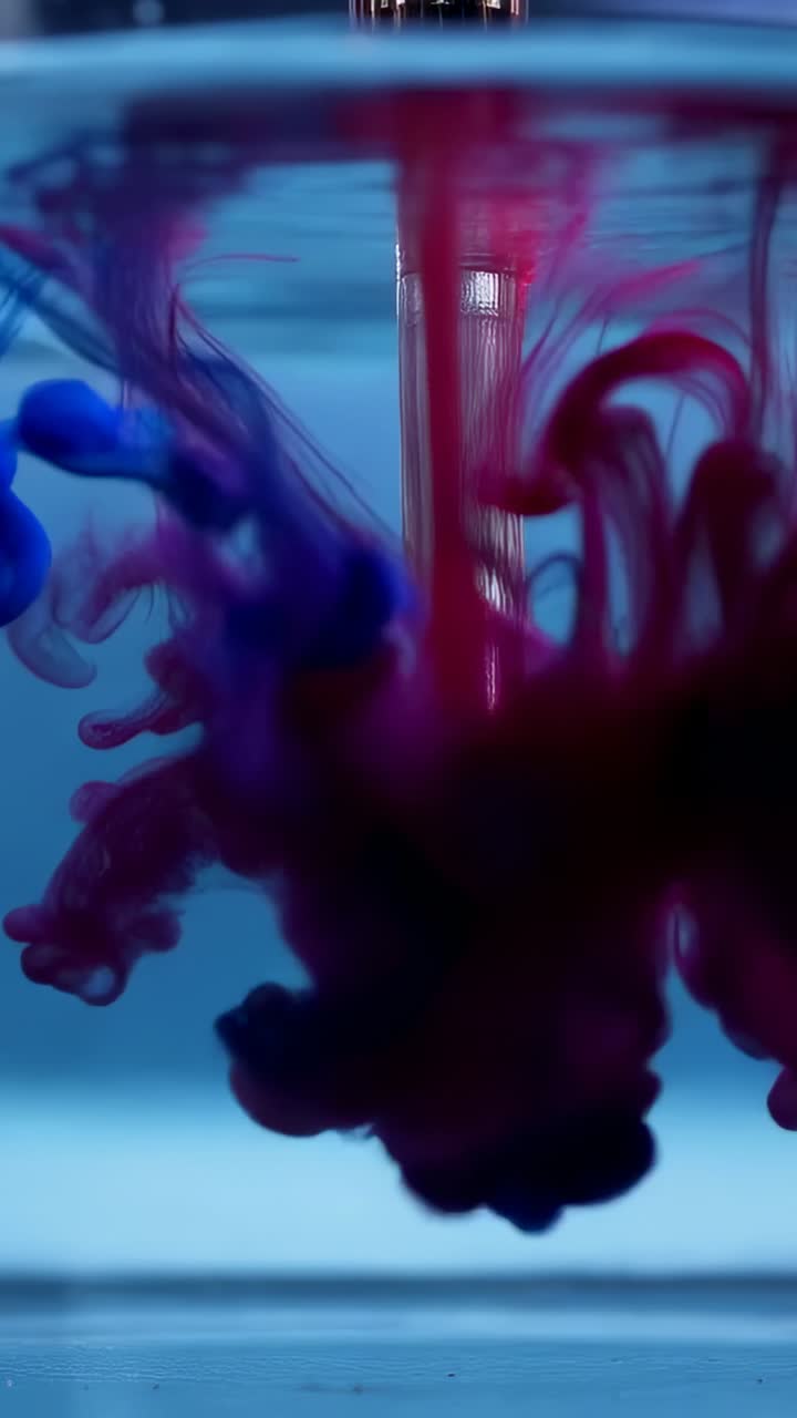 Vertical video: Dropping rod sending magenta blue dye into lab tank, lit panel showing flow to test