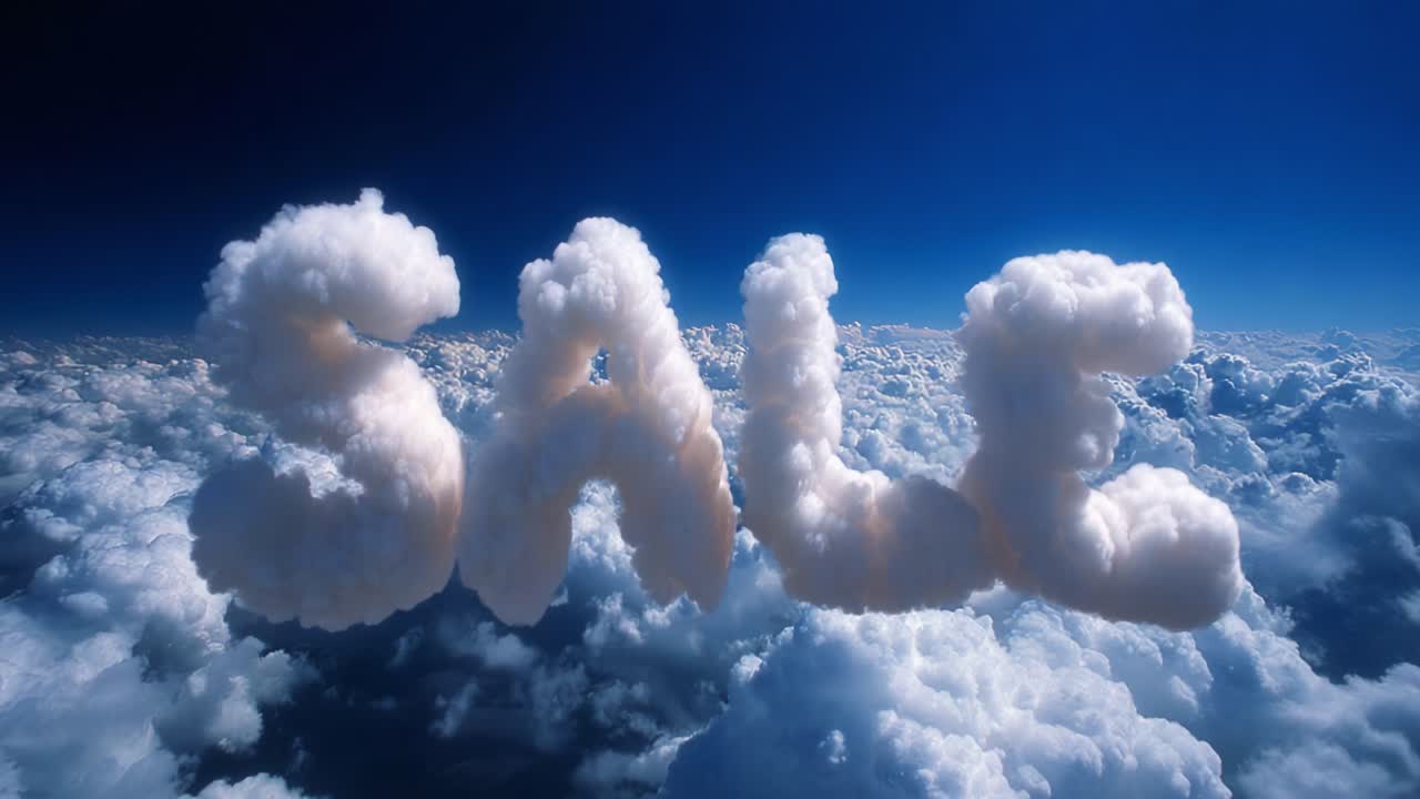 Aerial View of Fluffy Clouds Forming the Word 'SALE' Against a Deep Blue Sky, Captivating Imagery That Evokes Excitement for Promotional Offers in a Dreamy Atmosphere