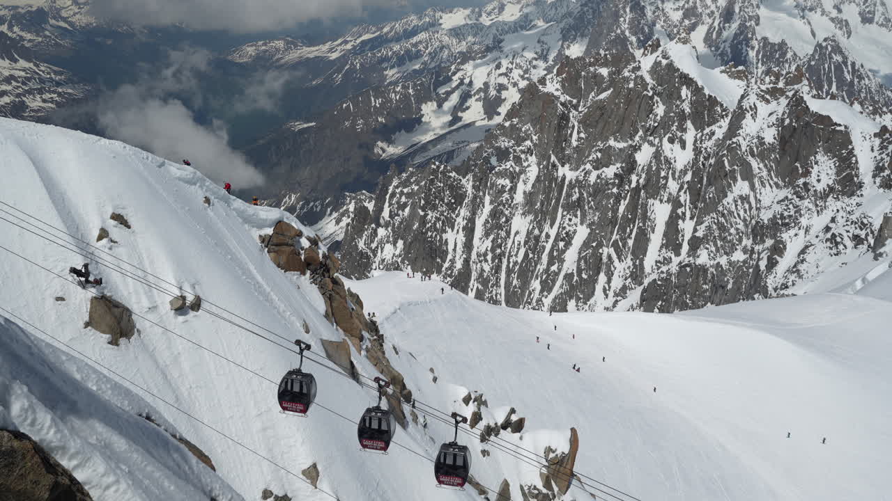 Vall&eacute;e Blanche Cable Car Connecting Aigulle du Midi and Italian Alps Over Mont Blanc Mountain