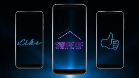 Animation of words Like Swipe Up and a Thumb icon flickering on screens of three smartphones