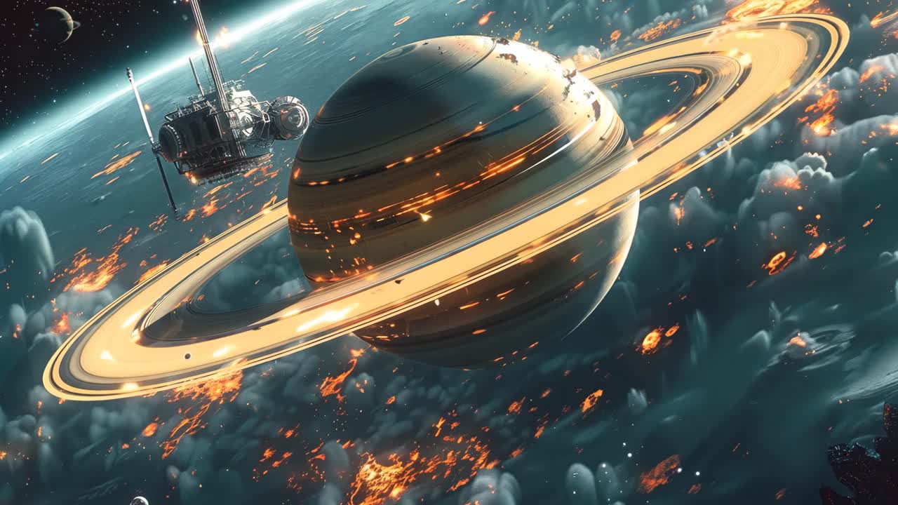 A space scene with a large planet and a space shuttle. The planet is surrounded by a lot of fire and smoke, giving the scene a sense of danger and chaos