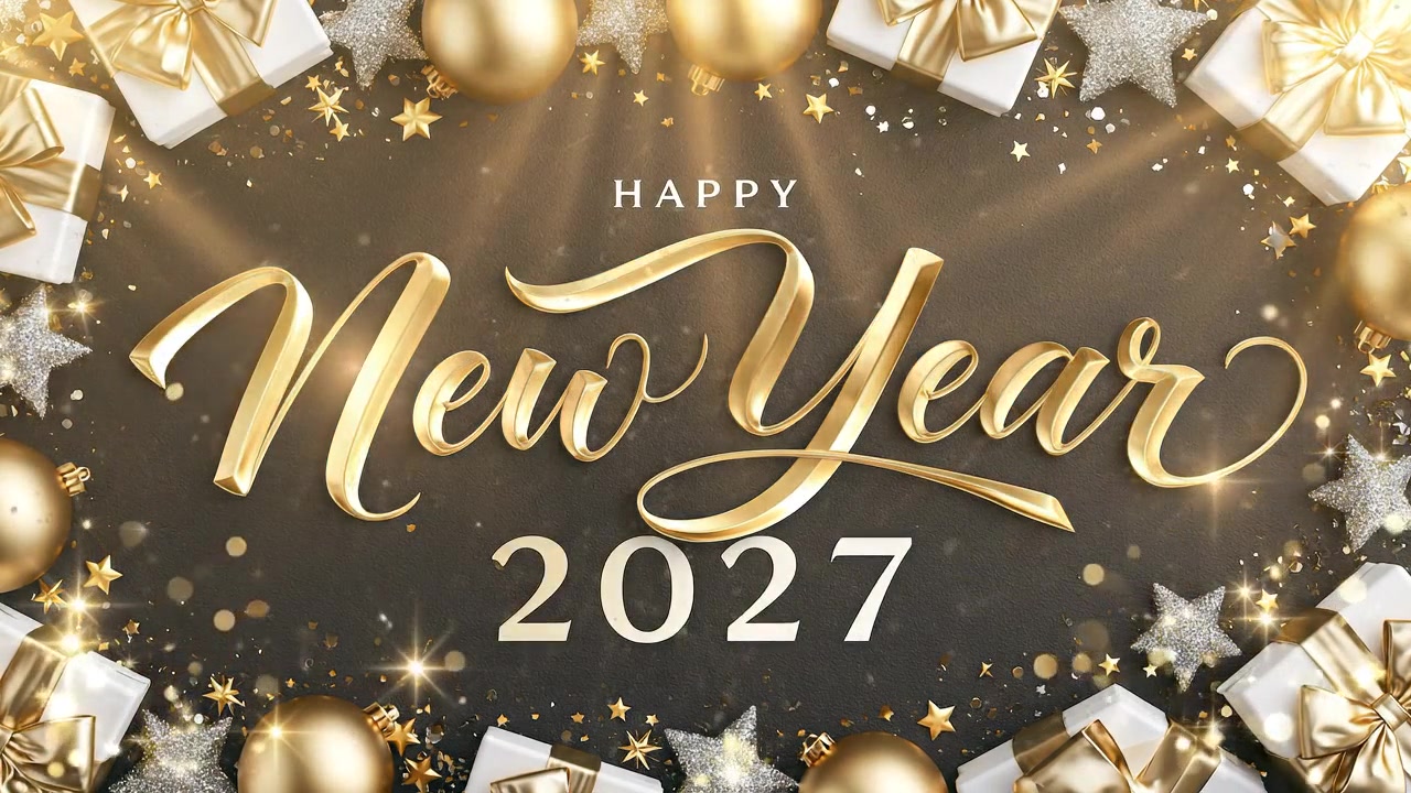 Cartão de Feliz Ano Novo 2027 com Decorações Douradas
