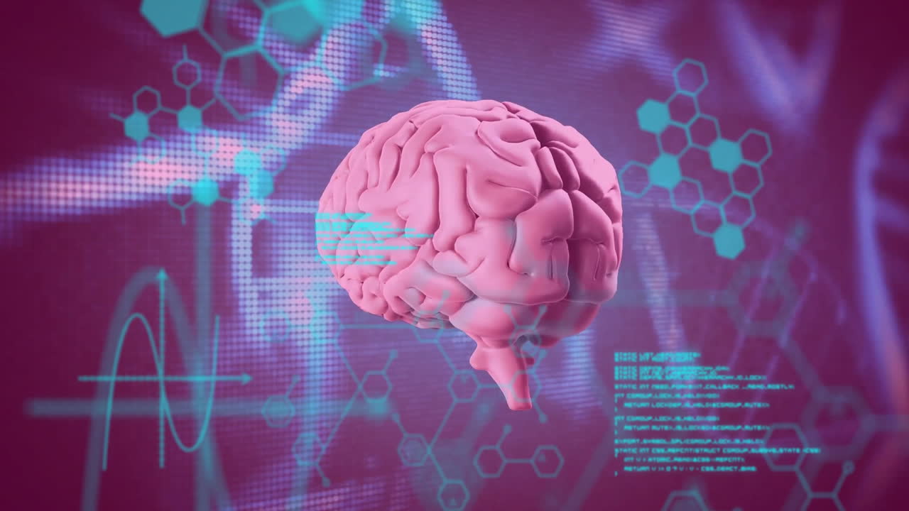Animation of data processing over brain and chemical formula